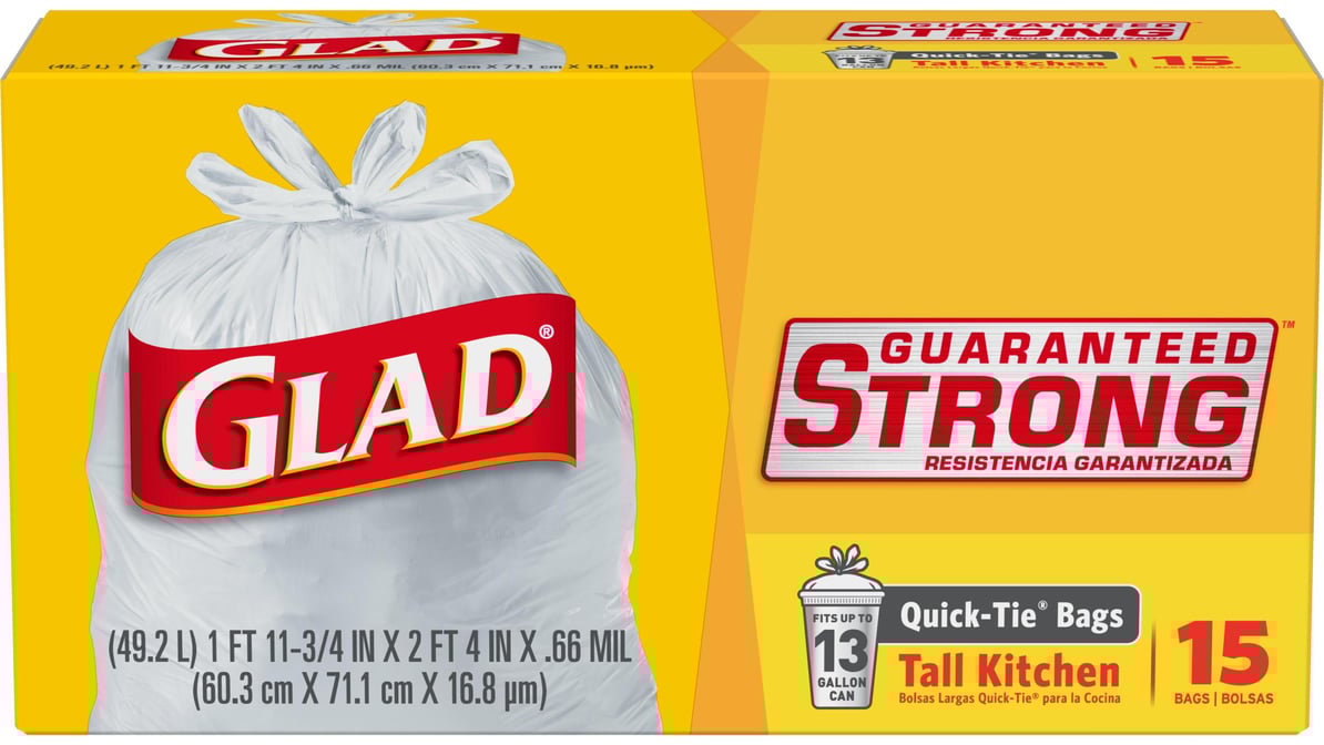 Glad 13 gal Guaranteed Strong Tall Kitchen Quick-Tie Trash Bags White (15 ct)