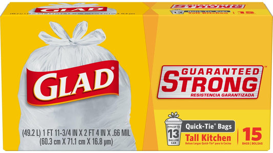 Glad 13 gal Guaranteed Strong Tall Kitchen Quick-Tie Trash Bags White (15 ct)